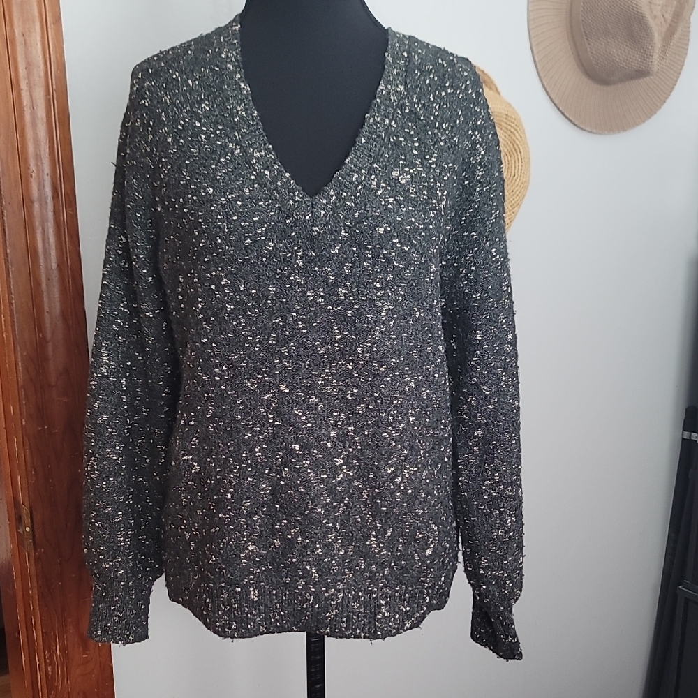 LOFT Gold Speckled Gray  V-Neck Sweater